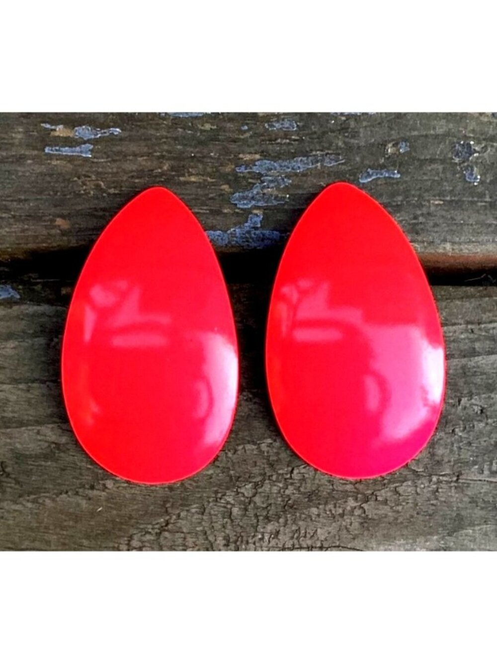 Vintage 1980s Neon Red Enamel on Metal 2" Statement Stud Earrings UV Glow Rave